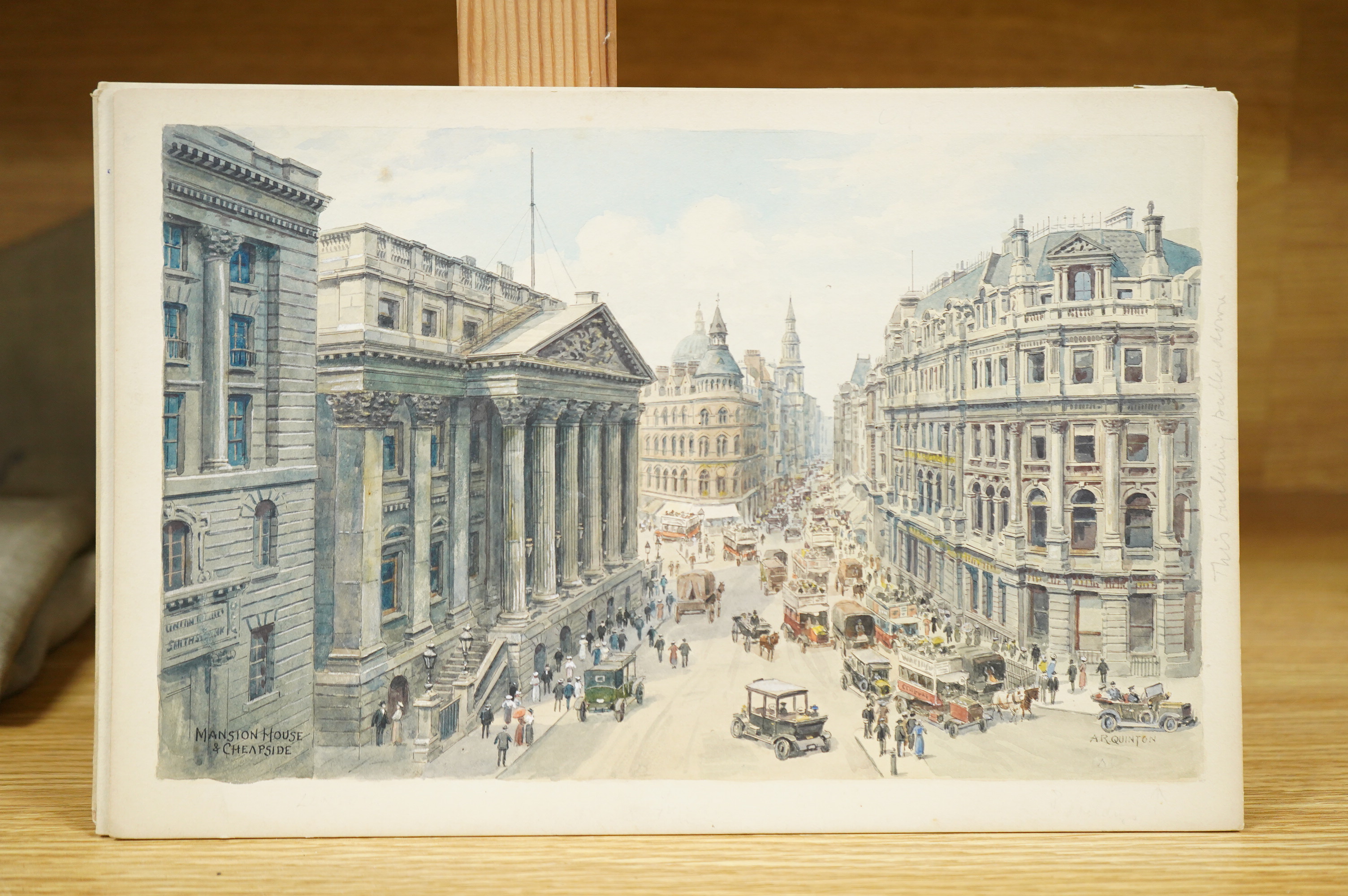 Alfred Robert Quinton (1853-1934), a set of six original watercolours for postcard designs, London views to include: Lambeth Bridge and Houses of Parliament, The Thames Embankment, The Lakes St James Park and Hyde Park C